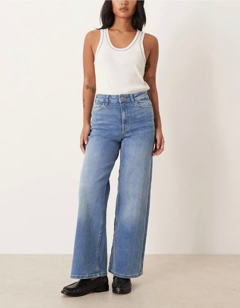 JDY High Waist Wide Leg Jeans In Medium Blue