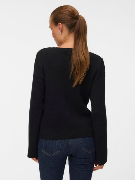 Vm Asymmetric Gold Button Front Long Sleeve Knitted Top In Black