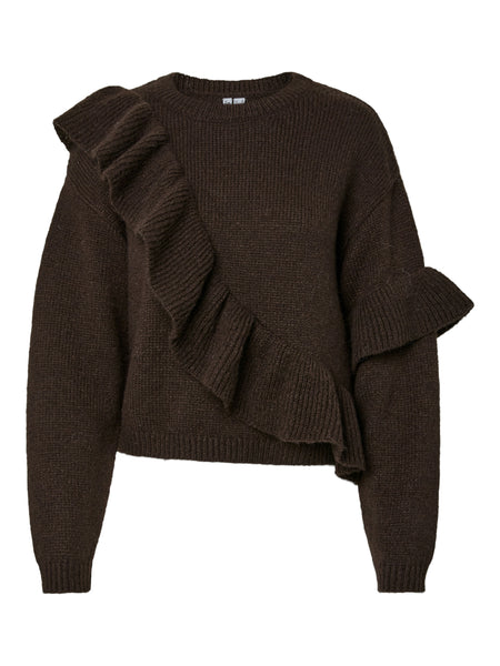 Pieces Ruffle Frill Knit Jumper In Chocolate Brown