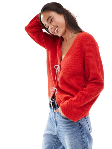 Pieces Embellished Bow Front Cardigan In Red
