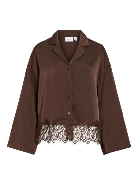 Vila Lace Trimmed Satin Shirt in Chocolate Brown