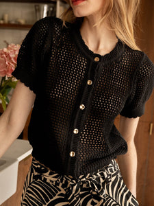 Only Short Sleeve Gold Button Front Crochet Cardigan In Black