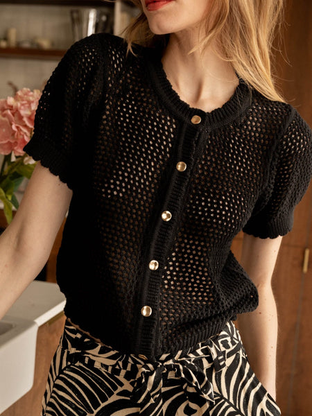 Only Short Sleeve Gold Button Front Crochet Cardigan In Black