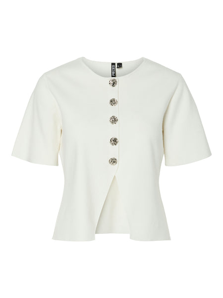 Pieces Button Front Short Sleeve Knit Top In White
