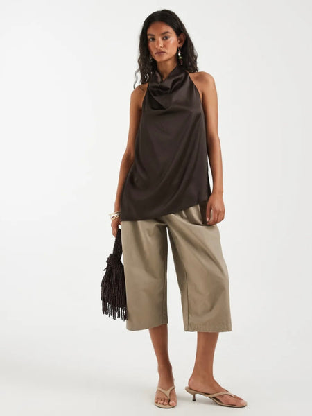 Pieces Asymmetric Satin Halterneck Top In Chocolate Brown