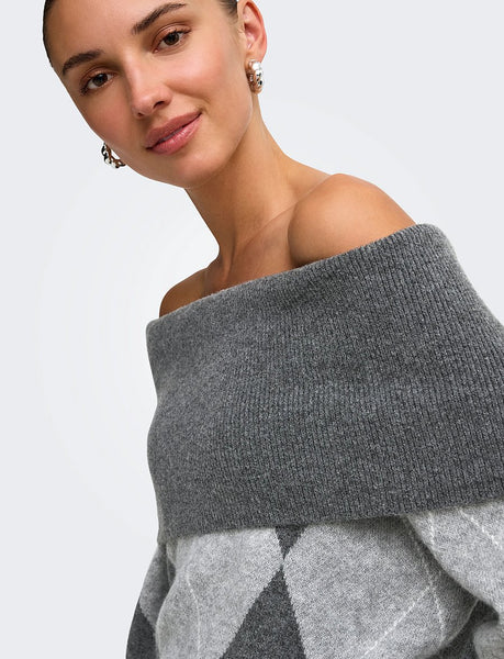 Only Off The Shoulder Argyle Check Knit Jumper In Grey