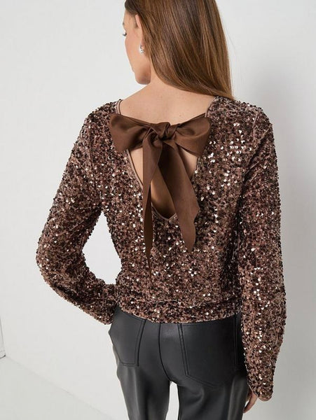 Only Sequin Long Sleeve Top with Tie Detail