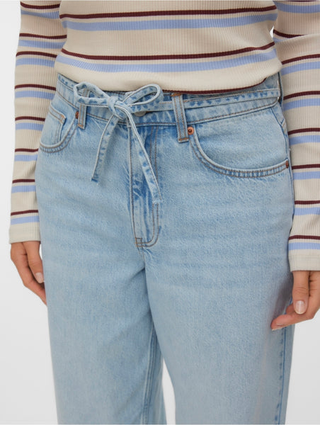 VM High Waist Barrel Jeans With Waist Tie In Light Blue