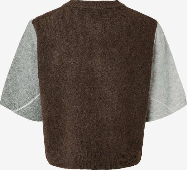 Pieces Argyle Short Sleeve Knit Cardigan In Brown