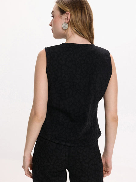 Vila Denim Leopard Print Waistcoat Co-ord In Black