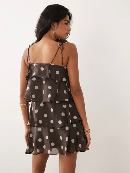 JDY Mini Ruffle Cami Dress In Brown Polka Dot