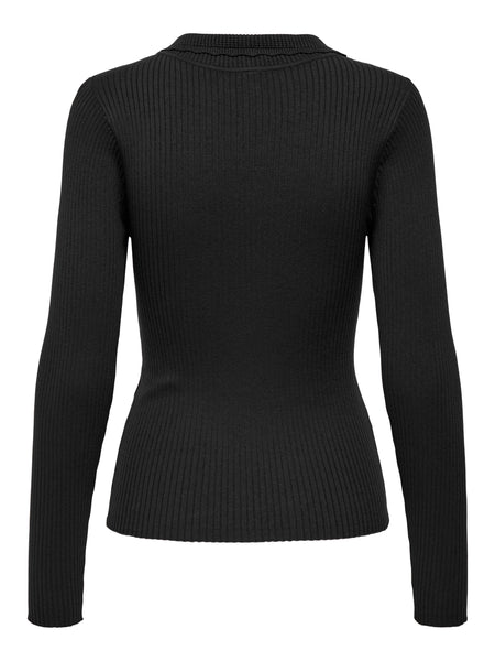 JDY Collared Button Front Ribbed Top In Black