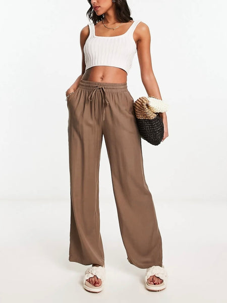 Vila High Waist Wide Leg 7/8 Trousers in Brown - Part of a Co-ord Set