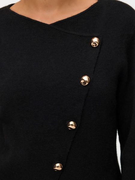 Vm Asymmetric Gold Button Front Long Sleeve Knitted Top In Black