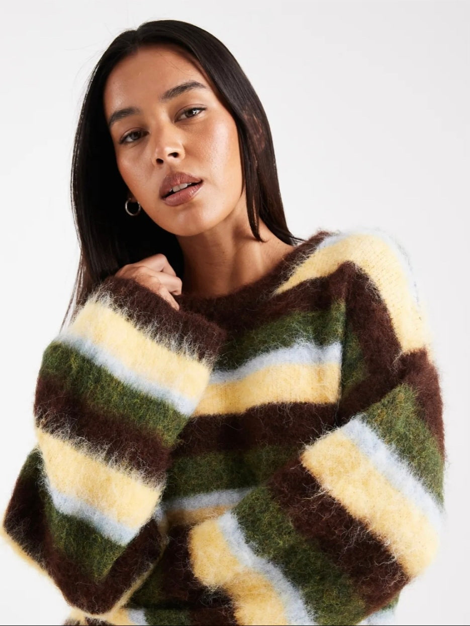Only Round Neck Fluffy Oversized Knit Jumper In Green Stripe