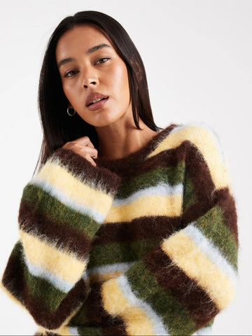 Only Round Neck Fluffy Oversized Knit Jumper In Green Stripe