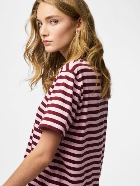 Pieces Short Sleeve Boxy Stripe Tshirt In Pink