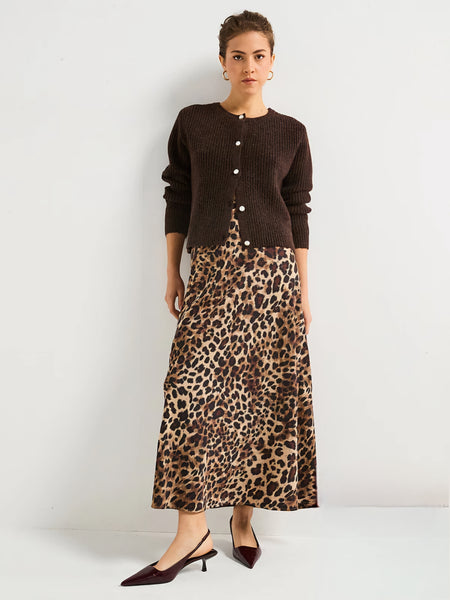 Only Satin Bias Cut Midi Skirt In Leopard Print