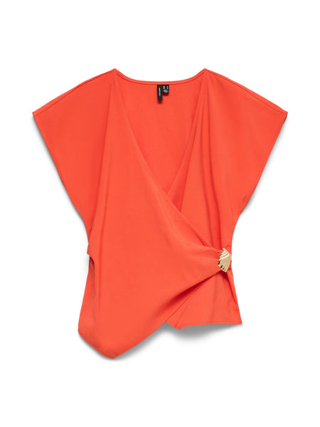 VM Wrap Front Shell Detail Short Sleeve Top In Poppy Red