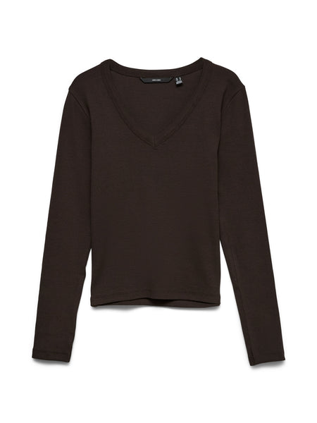 VM Ribbed Long Sleeve V-Neck Top In Chocolate Brown