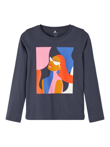 Girls Navy Printed Long Sleeve Top