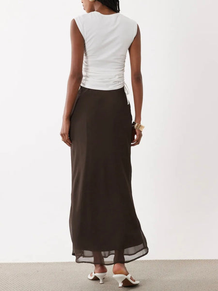 Vila Chiffon Maxi Skirt In Chocolate Brown