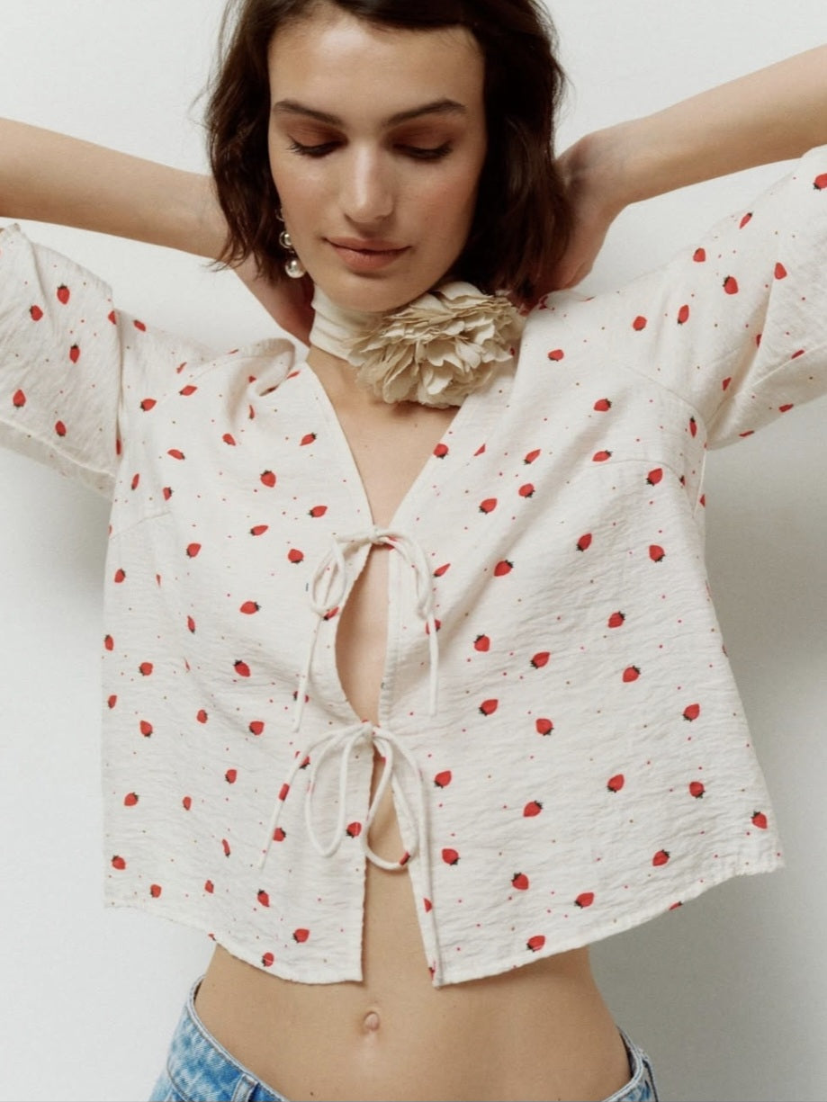 VM Short Sleeve Strawberry Tie Front Top