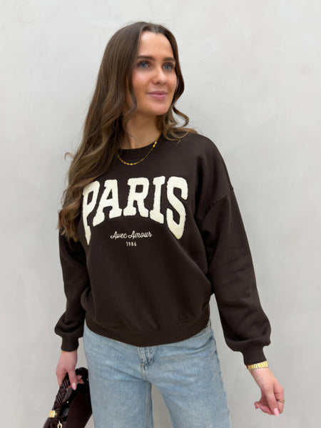 JDY Embroidered Paris Sweatshirt In Chocolate Brown