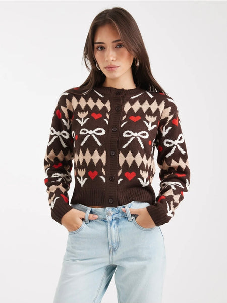 Wednesday's Girl Bow Knitted Cardigan in Brown