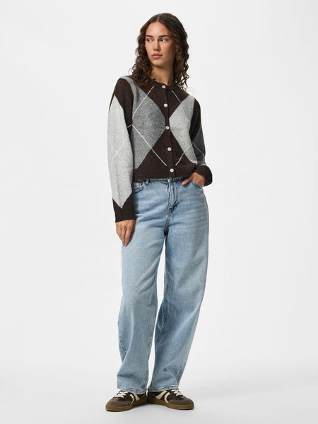 Pieces Argyle Long Sleeve Knit Cardigan In Brown