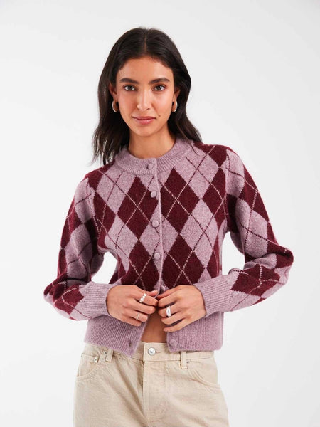 VM Pink & Burgundy Argyle Cropped Knit Cardigan