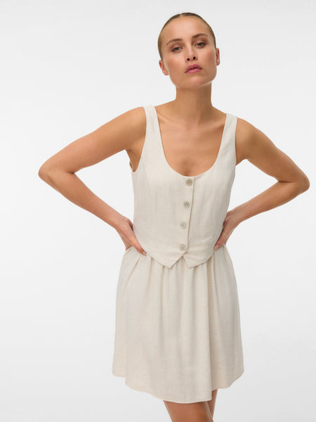 VM Linen Sleeveless Waistcoat Mini Dress In Oatmeal