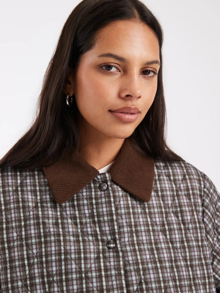 Pieces Quilted Short Jacket With Cord Collar In Green & Burgundy Check