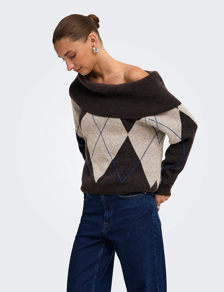Only Off The Shoulder Argyle Check Knit Jumper In Brown