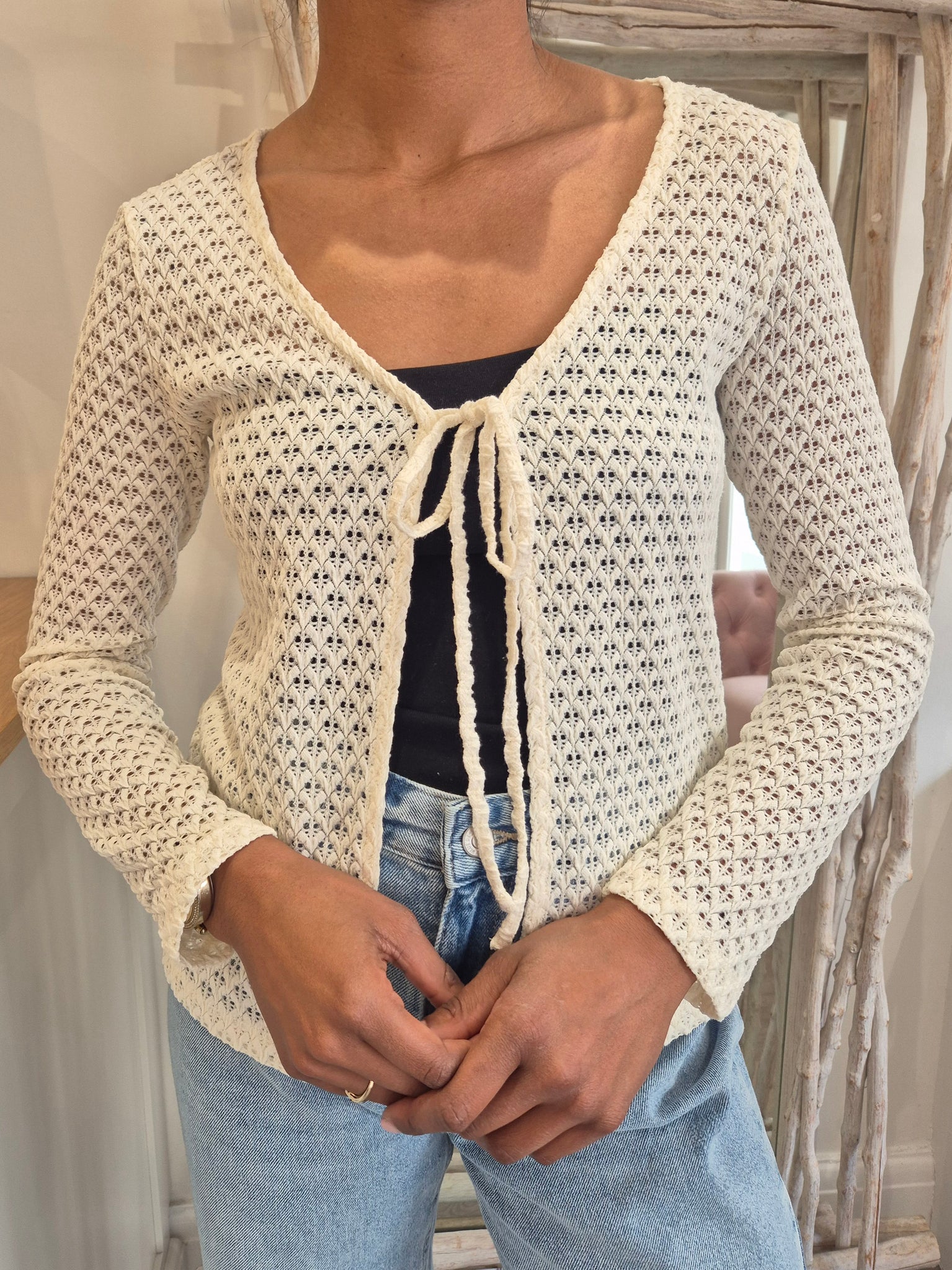 Vila Tie Front Crochet Cardigan In Birch