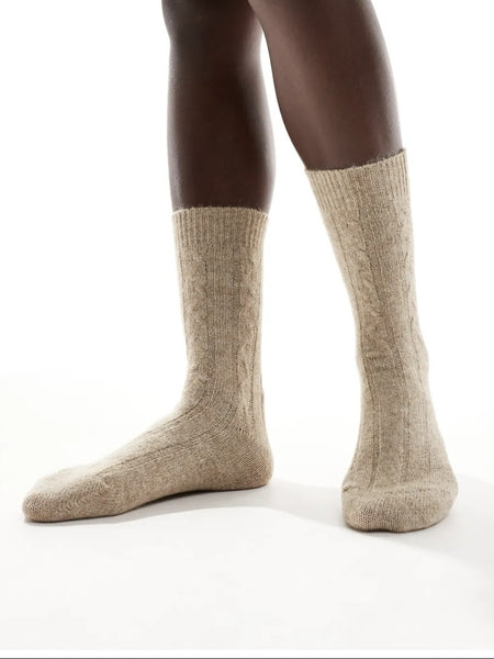 Pieces Ribbed Knitted Cosy Socks In Beige