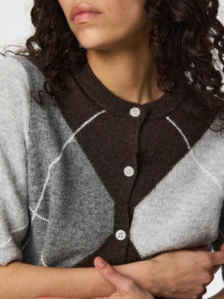 Pieces Argyle Short Sleeve Knit Cardigan In Brown