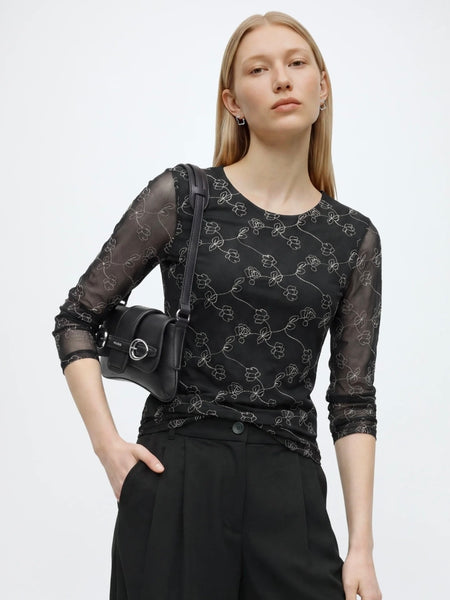 JDY Embroidered Long Sleeve Round Neck Top In Black