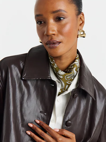 JDY Faux Leather Collared Jacket In Chocolate Brown