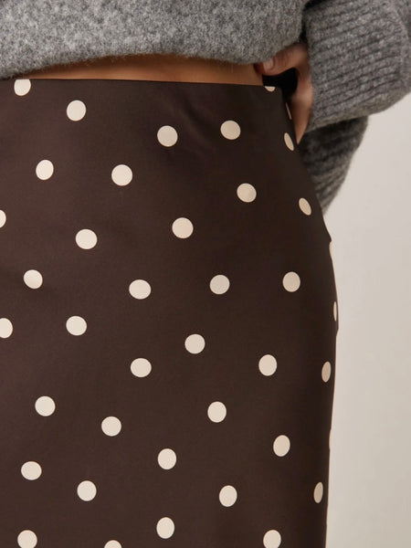 JDY Polka Dot Midi Length Satin Skirt In Chocolate Brown