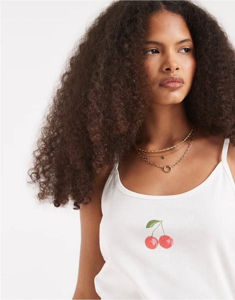 VM Cherry Print Jersey Cami Vest Top In White