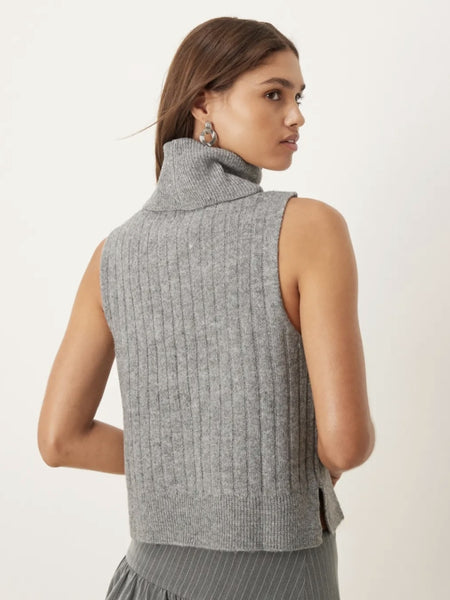 Vila Ribbed High Neck Sleeveless Knitted Tank Vest Top In Grey