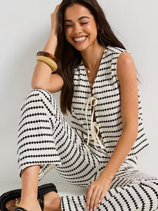 Only Tie Front Waistcoat & Wide Leg Knit Trouser Co-ord Set In Black Stripe - Items Sold Separately