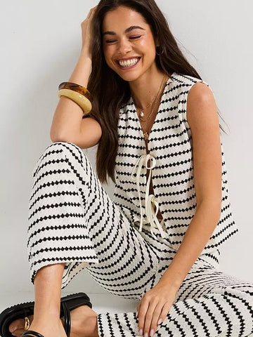 Only Tie Front Waistcoat & Wide Leg Knit Trouser Co-ord Set In Black Stripe - Items Sold Separately