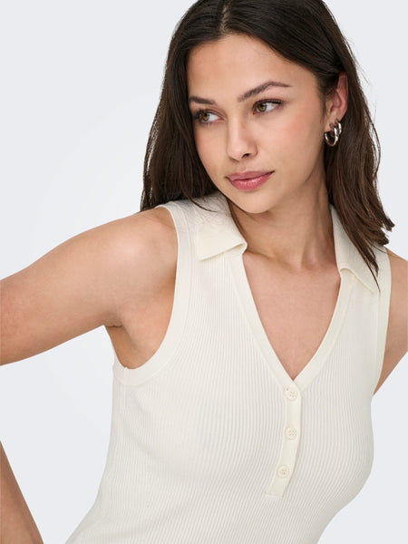 JDY Rib Knit Sleeveless Polo In White