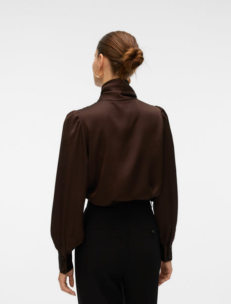VM Tie Neck Satin Long Sleeved Blouse in Chocolate Brown