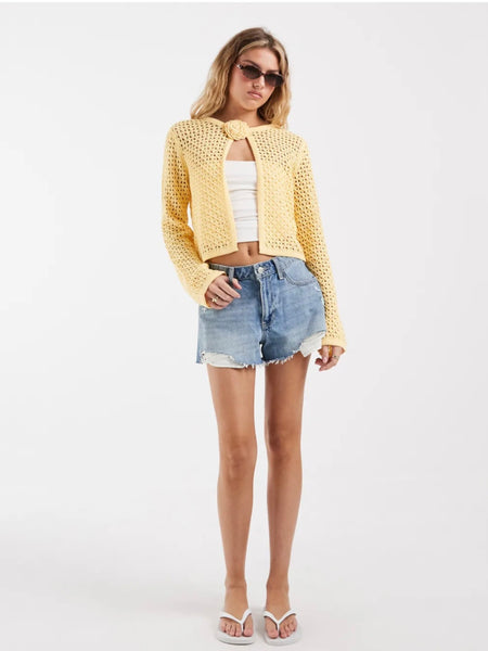 VM Crochet Knit Floral Corsage Cardigan In Yellow