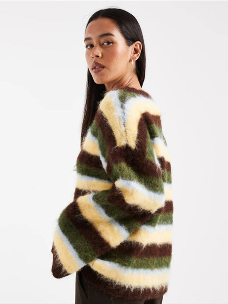 Only Round Neck Fluffy Oversized Knit Jumper In Green Stripe