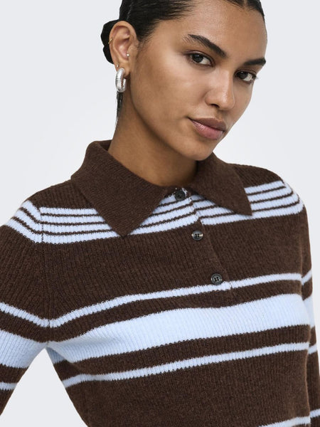 Only Collared Polo Knit Short Sleeve Knit Top In Blue & Brown Stripe