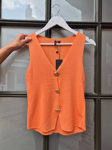 VM Summer Button Front Orange Vneck Sleeveless Top
